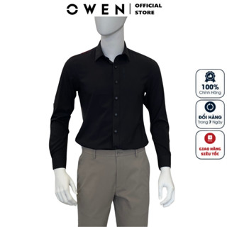 Áo sơ mi nam dài tay OWEN AS230340D somi công sở cao cấp màu đen trơn chất nano dáng ôm tà lượn không túi