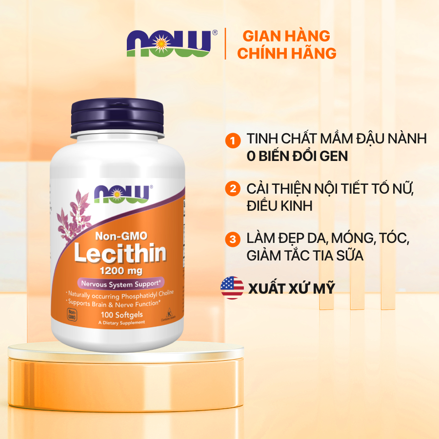 Viên mầm đậu nành Lecithin Now của Mỹ 1200mg (100 viên) điều hòa nội tiết, đẹp da, giảm tắc tia sữa