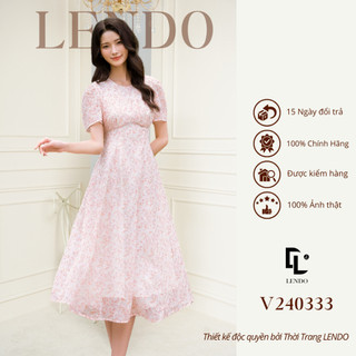 Đầm Váy Hoa Nhí Công Sở LENDO V240333 Dáng Dài Xòe A Tay Bồng Ngắn Cổ Tròn Dúm Ngực