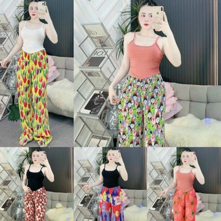 Set Bộ Nữ. Áo Thun 2 Dây Kèm Quần Họa Tiết Dáng Dài Ống Rộng Nhẹ Nhàng Nữ Tính
