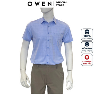 Áo sơ mi nam ngắn tay OWEN AR240066NT somi công sở cao cấp màu xanh nhạt kẻ caro vải sợi tre dáng suông tà lượn có túi