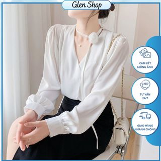 Áo sơ mi lụa nữ cổ V CHANMI 457 dài tay, áo lụa công sở kiểu nhún vai tay bồng phụ kiện hoa công sở hàng thiết kế