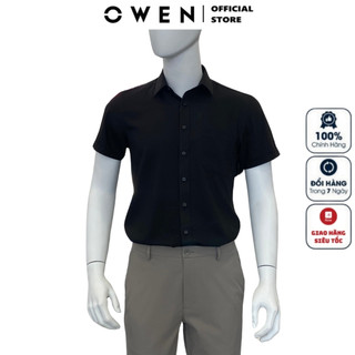 Áo sơ mi nam ngắn tay OWEN AB230021NT somi công sở cao cấp màu đen trơn chất nano dáng body fit tà bằng có túi