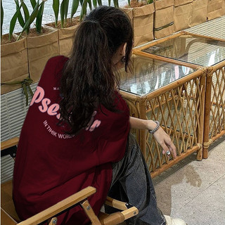 Đỏ mận áo phông nữ form rộng y2k in ấn cổ tròn dáng rộng áo thun 100%cotton focus local brand