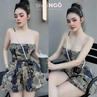 Set jum thời trang nữ mặc đi chơi hoạ tiết gấu 3D tedy cúp ngực có mút  jum liền quần đi tiệc sang chảnh dễ thương