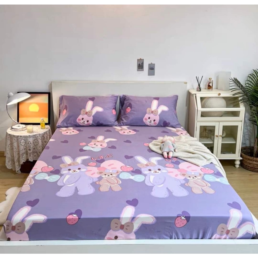 Ga trải giường 1M/1M2/1M4  drap giường poly gồm 1 ga chun, mẫu thỏ tím