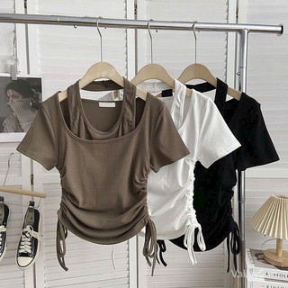 Áo thun croptop giả yếm rút dây 2 bên 2024