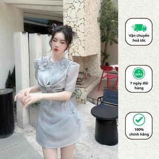 Set áo xoắn nơ eo kèm chân váy chữ A tiểu thư set đầm thiết kế đính hồ điệp Minaca Clothing S76