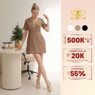 Đầm Tơ Thiết Kế Cổ V Dập Ly Gợn Sóng NOONSUN NS13 Đính Nút Ngọc Mạ Vàng Có Lớp Lót Trong