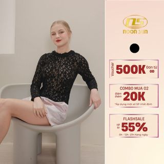 Áo Kiểu Ren Dài Tay Nữ NOON SUN NS14 Họa Tiết Nổi, Áo Xuyên Thấu Đen Thiết Kế Phối Cổ Bèo Quyến Rũ