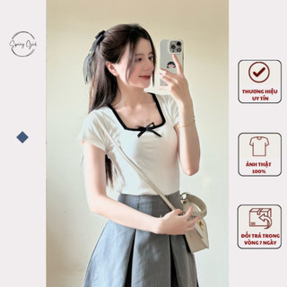 Áo thun cổ vuông Spring form ôm gắn nơ 3320 P5K6