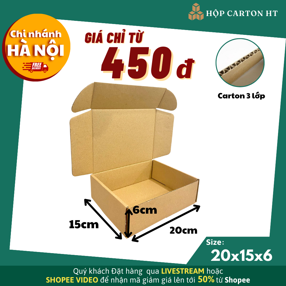 20x15x6 COMBO 20 Hộp carton nắp gài, hộp giấy nắp cài đựng quà tặng, phụ kiện - Hộp carton HT