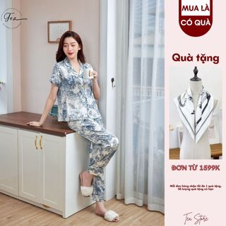 Bộ mặc nhà Pyjama chất lụa Tea Store áo cộc quần dài họa tiết phong cảnh 2023