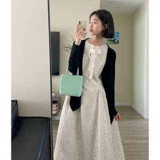 [Kim Clothing] Đầm sát nách chấm bi cổ V cột nơ dáng xoè + áo khoác cardigan