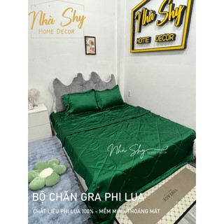 Trọn bộ drap giường phi lụa bóng cao cấp - màu xanh lá - mã 18