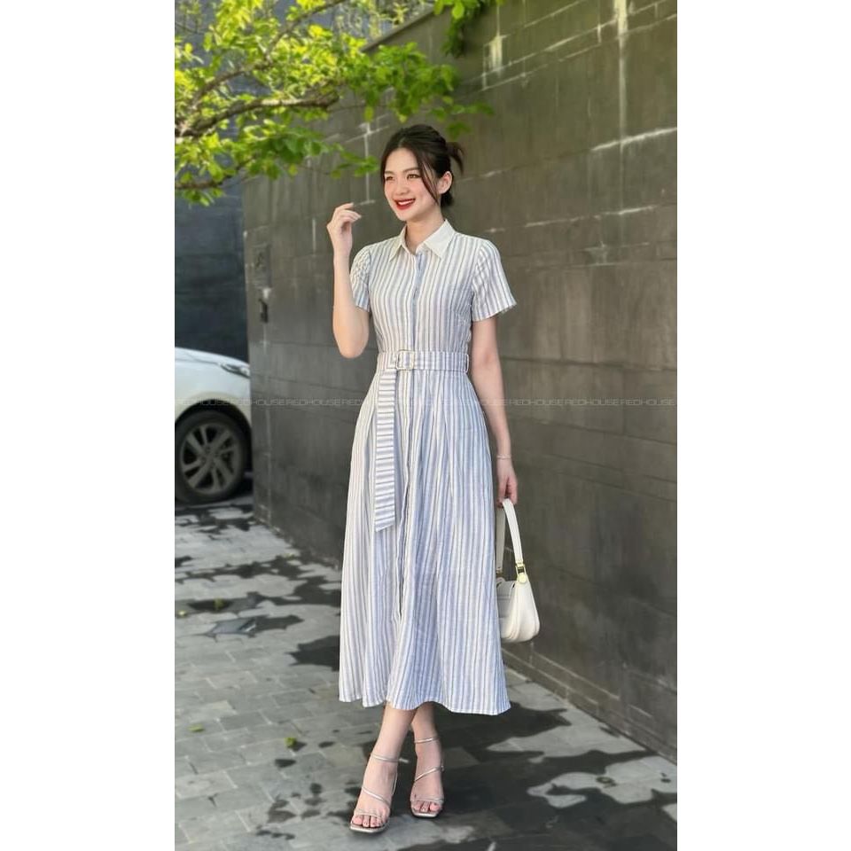 Váy sơ mi sọc dọc cổ trắng