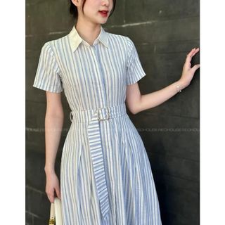 Váy sơ mi sọc dọc cổ trắng