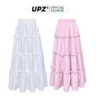 UPZ Chân Váy Midi Dài Xòe Nhiều Tầng Hai Lớp Vải Nhúng Tăm Freesize Lưng Thun (Trắng/ Hồng)