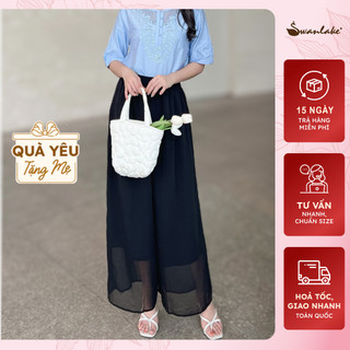 SWANLAKE | Quần Nữ Trung Niên Tặng Mẹ Ống Rộng Vải Chiffon Lót Ống Loe Rộng Cạp Thun Cao Bảng To Sang Trọng - Q10344