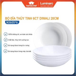 Bộ 6 đĩa (dĩa) thủy tinh sâu lòng Luminarc Diwali 20cm - N3605*6, chịu sốc nhiệt tốt | Hàng chính hãng