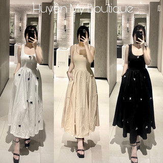 Váy maxi phối vải thô đính nơ dáng dài xoè tiểu thư sang chảnh sẵn 3màu