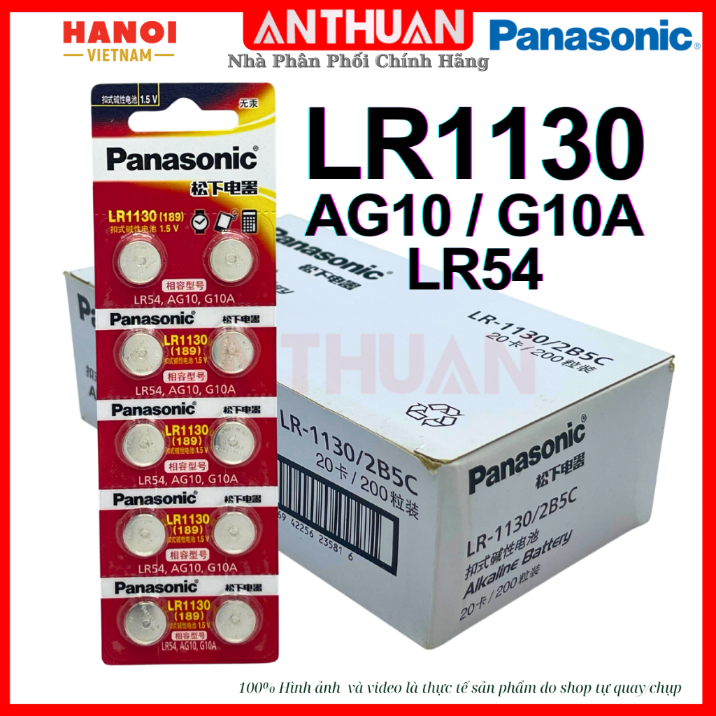 Pin LR1130 / AG10 Panasonic 1.5V Alkaline G10A / LR54 Chính hãng vỉ 10 viên pin cúc áo.