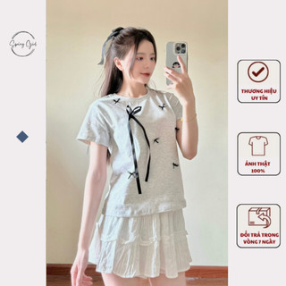 Áo thun nữ baby tee đính nơ thắt dây vải thun co dãn 235 P10K4