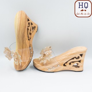 Guốc gỗ 10 phân dép gỗ 1 tấc quai nơ sang chảnh Ngọc Diệp guốc mộc đế xuồng 10cm mặc áo dài bà ba pháp phục chụp ảnh