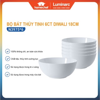 Bộ 6 bát tô thủy tinh Luminarc Diwali 18cm N3975*6, dùng lò vi sóng, máy rửa bát | Hàng chính hãng