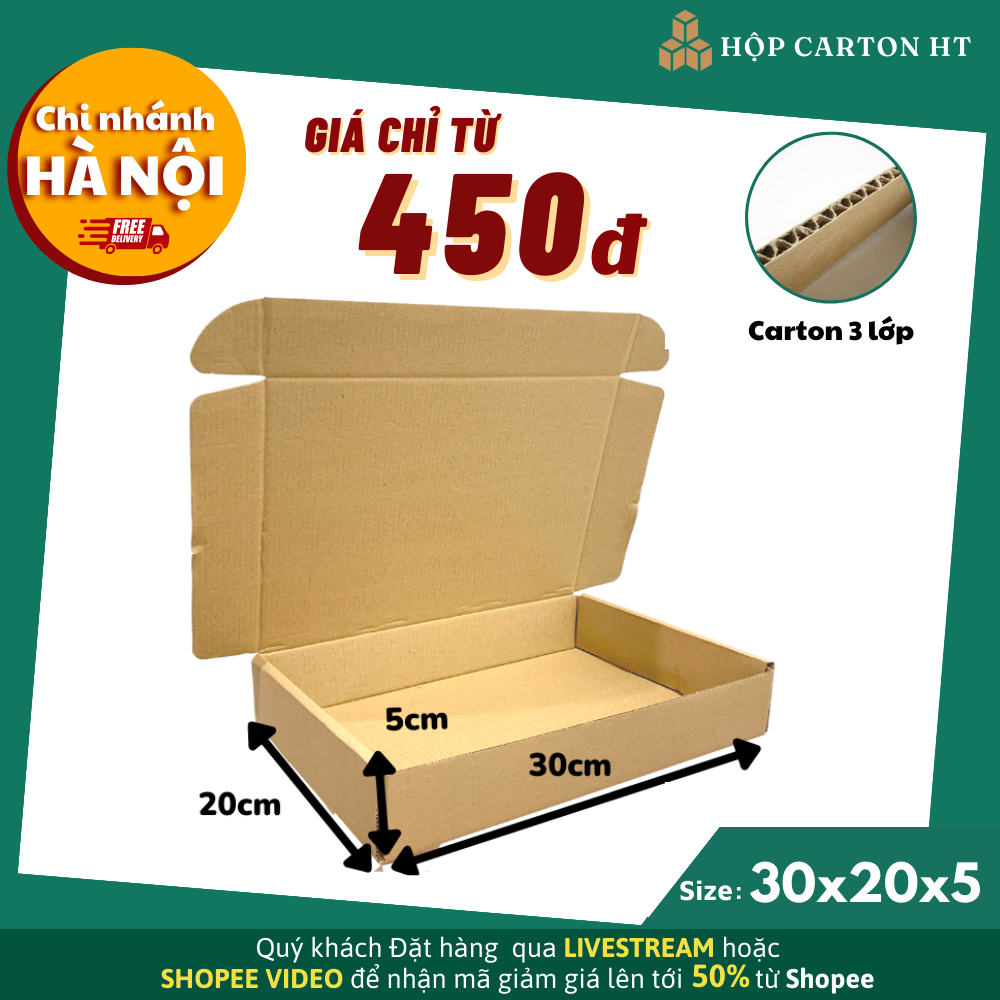 30x20x5 COMBO 20 Hộp carton nắp gài, thùng bìa giấy gói hàng quần áo, quà tặng handmade giá rẻ