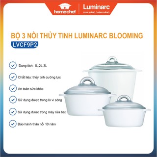 Bộ 3 nồi thủy tinh Luminarc Blooming 1L,2L,3L- LVCF9P2, dùng bếp ga, bếp hồng ngoại, sản xuất tại Pháp | Hàng chính hãng