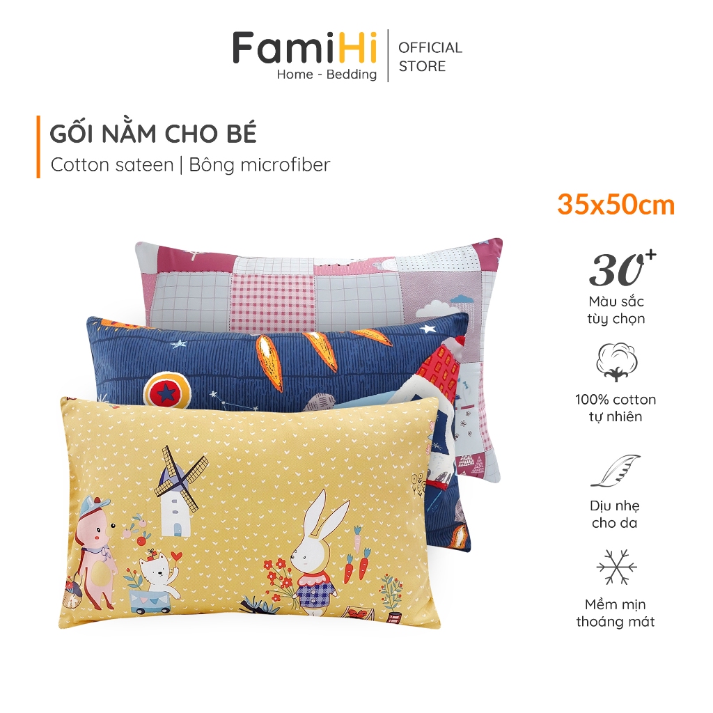 Vỏ gối nằm 35x50 cm cho bé Cotton Satin FamiHi họa tiết trẻ em, bao áo gối, ruột gối bông Microfiber an toàn kháng khuẩn
