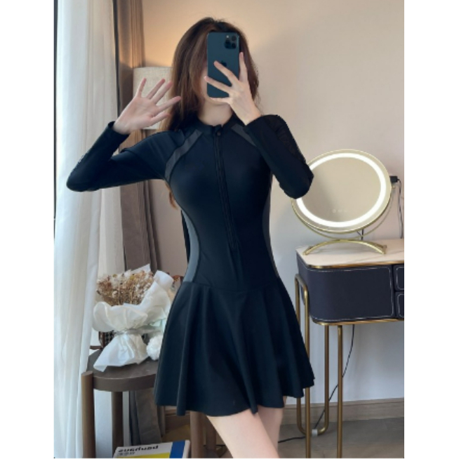 Ms073 [Có size M,L,XL]Bikini đồ bơi đi biển một mảnh dây kéo đen phối xám  form váy có quần bảo hộ, HÀ BIKINI DKV01. | BigBuy360 - bigbuy360.vn