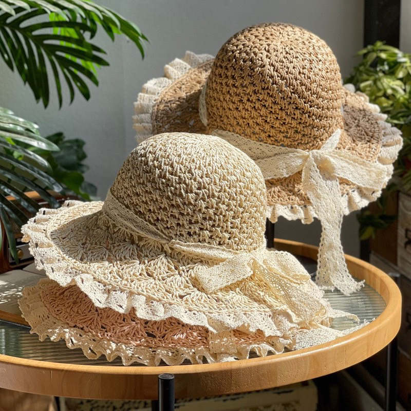 Mũ cói móc viền ren xinh xắn