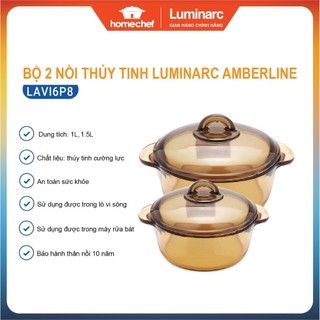Bộ 2 nồi thủy tinh Luminarc Amberline 1L+1.5L- LAVI6P8, dùng bếp ga, bếp hồng ngoại, sản xuất tại Pháp | Hàng chính hãng