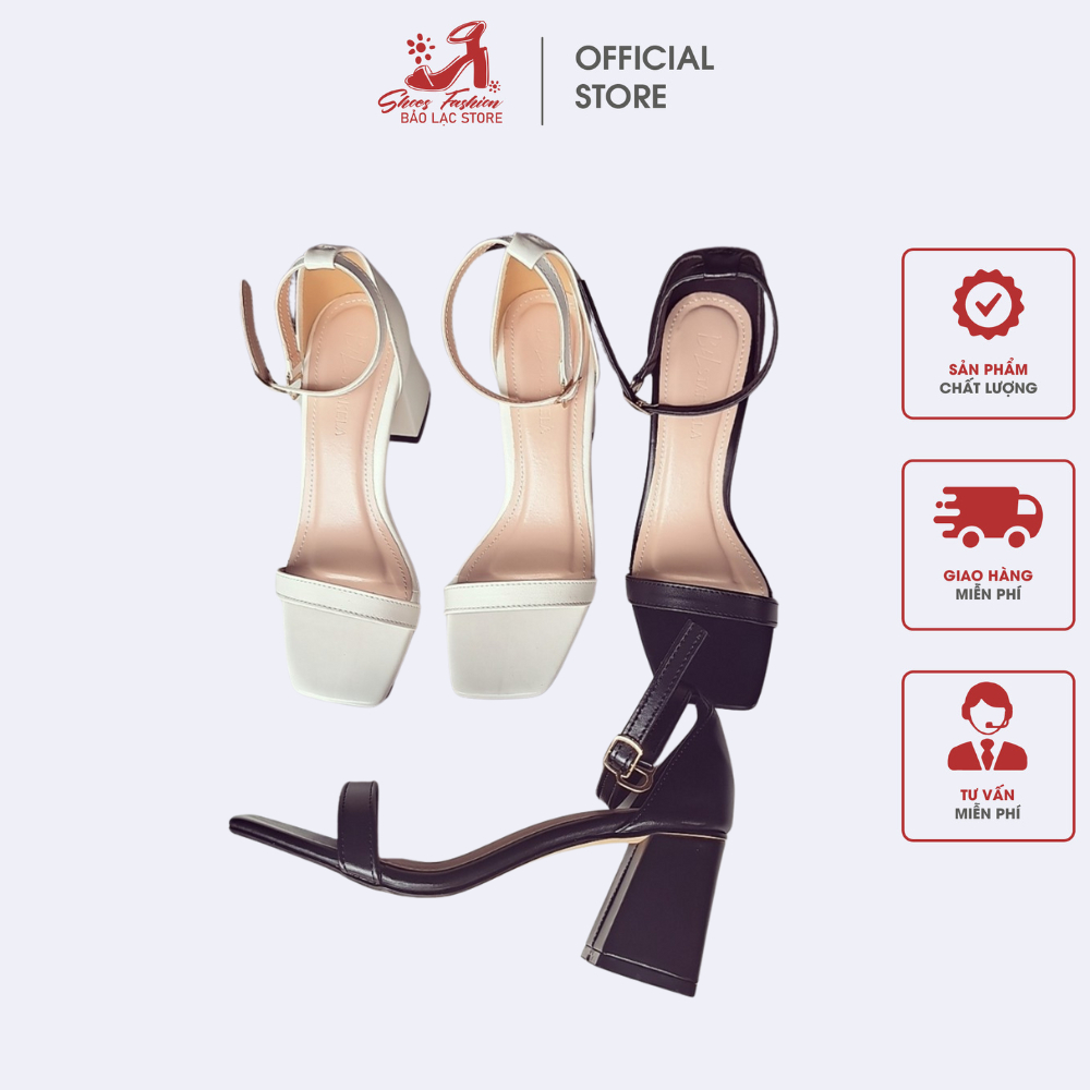 Giày Sandal cao gót nữ 7p đế vuông hậu bit quai ngang đơn giản, Giày sandal cao gót nữ quai ngang mũ