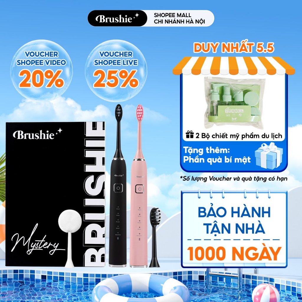 Combo 2 bộ bàn chải điện Brushie cho cặp đôi, máy đánh răng 5 chế độ p