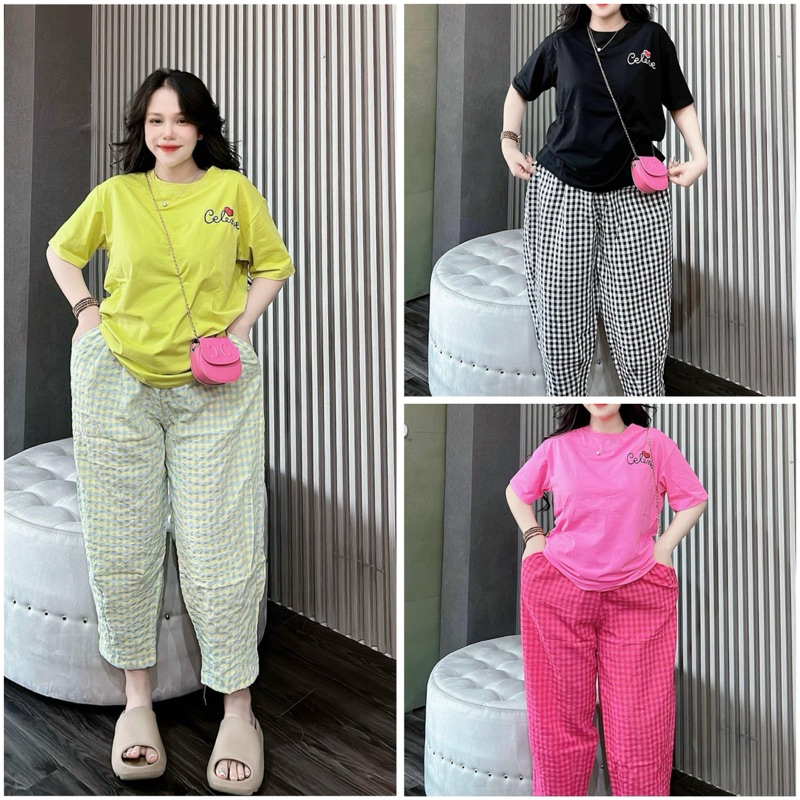 Sét bộ nữ áo cotton khô 3158 mix quần kẻ baggy_Celine