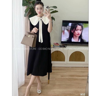 Váy bầu cộc tay đen đũi lụa dáng xuông cổ nơ trắng