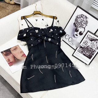 váy tiệc hoa đen đá