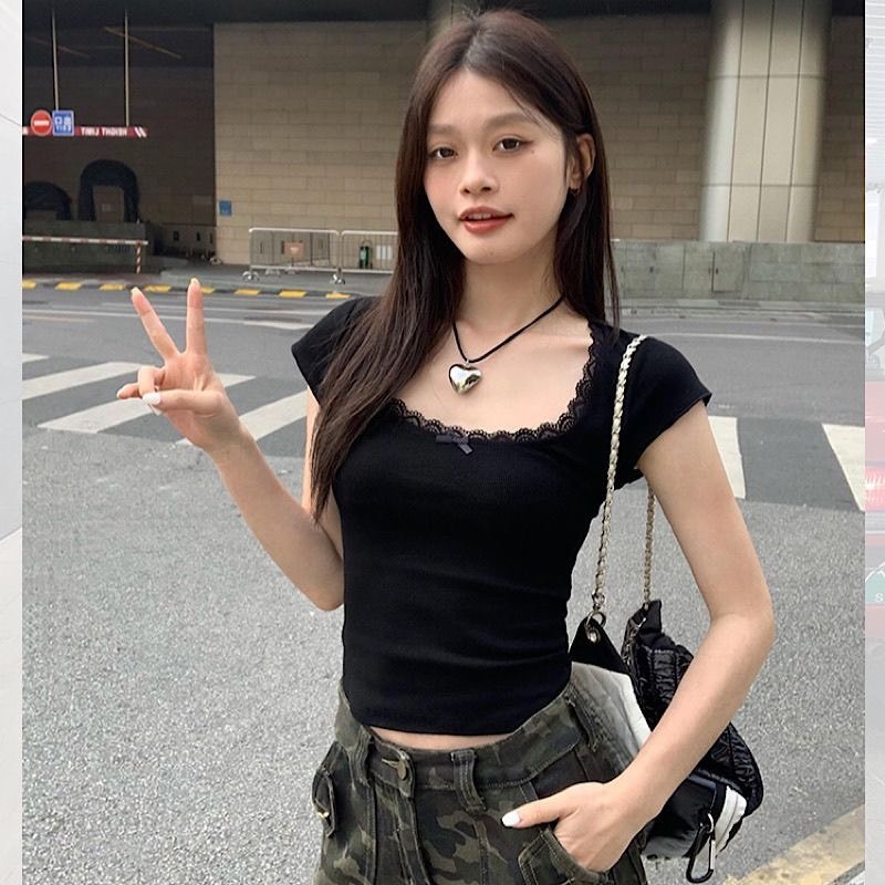 Áo thun cộc tay mùa hè kiểu nữ phối ren nơ cách điệu phong cách coquette y2k dáng ôm body xu hướng Hàn Quốc SP169