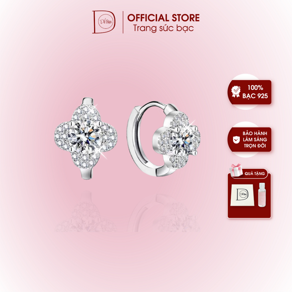 Khuyên tai bạc 925 dành cho nữ kim cương Moissanite 5 ly kiểm định GRA Dế Bạc cỏ 4 lá Van C&amp;A đính đá lấp lánh - K6390