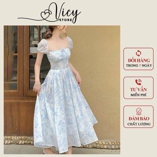Đầm voan hoa có mút thời trang thiết kế nữ nhẹ nhàng đầm dài xòe họa tiết in hoa nhấn eo tay ngắn phồng