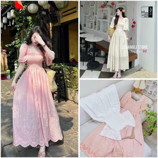 ( Có sẵn ) Đầm maxi xô thêu nhúng thun ngực siêu đẹp
