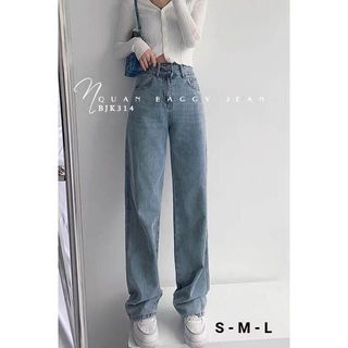 Quần baggy jean nữ ống rộng chất jean cao cấp lưng 2 nút phối túi dễ thương BJK314