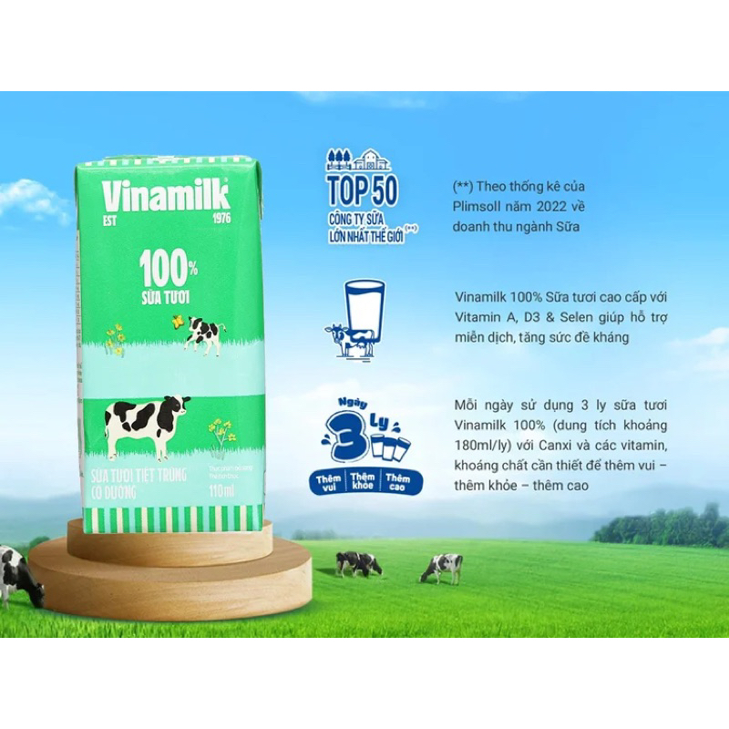 Lốc 4 hộp sữa tươi tiệt trùng có đường Vinamilk 100% Sữa tươi 110ml