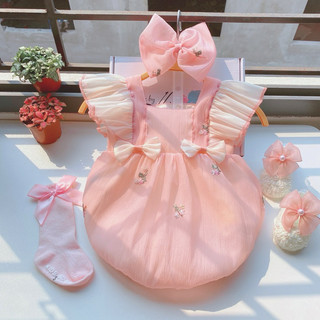 Set body tơ hồng thêu hoa Hamdmade hằng size 3-12kg