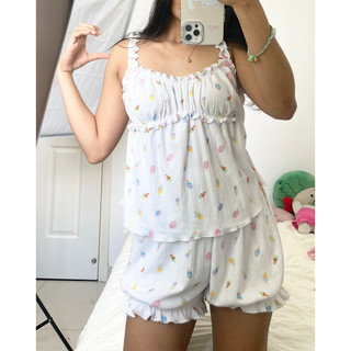 Set đồ ngủ nhún nhún đính nơ quần bí đáng yêu