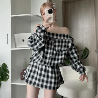  Váy trễ vai kẻ caro năng động,Đầm trễ vai dài tay (tặng kèm quần bảo hộ) Ms30