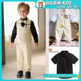 [Hàng Cao Cấp-Loại 1] Bộ Vest gile Bé Trai Phong Cách Hàn Quốc 5 chi tiết Kèm nơ và hoa cài cho bé từ (8-40kg)